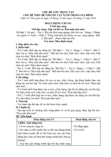 Kế hoạch bài dạy Mầm non Lớp 4 tuổi - Tuần 14, Chủ đề: Động vật - Chủ đề nhỏ: Bé với con vật nuôi trong gia đình (Ngải Trồ)
