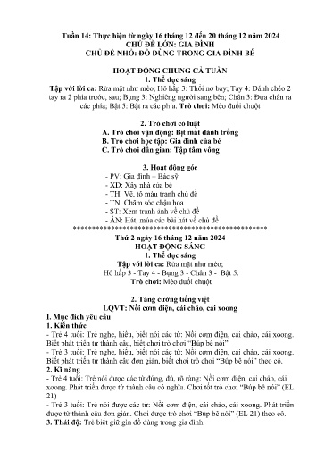 Kế hoạch bài dạy Mầm non Lớp 4 tuổi - Tuần 14, Chủ đề: Gia đình - Chủ đề nhỏ: Đồ dùng trong gia đình bé (Trường Chính)