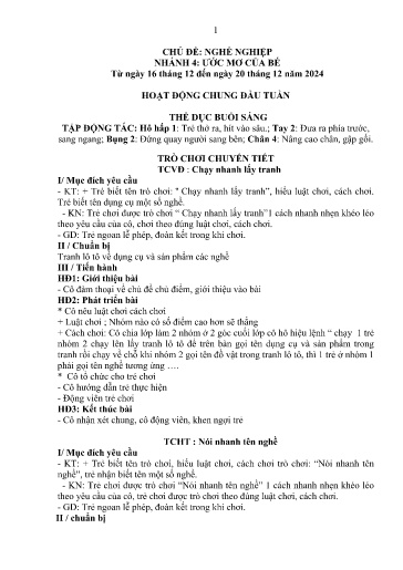 Kế hoạch bài dạy Mầm non Lớp 4 tuổi - Tuần 14, Chủ đề: Nghề nghiệp - Chủ đề nhánh 4: Ước mơ của bé (Trường Chính)