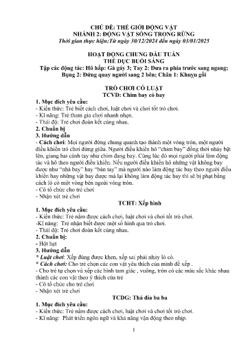 Kế hoạch bài dạy Mầm non Lớp 4 tuổi - Tuần 16, Chủ đề: Thế giới động vật - Chủ đề nhánh 2: Động vật sống trong rừng (Trường Chính)