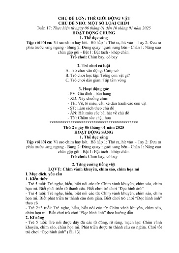 Kế hoạch bài dạy Mầm non Lớp 4 tuổi - Tuần 17, Chủ đề: Thế giới động vật - Chủ đề nhỏ: Một số loài chim (Ngải Trồ)