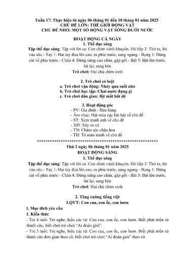 Kế hoạch bài dạy Mầm non Lớp 4 tuổi - Tuần 17, Chủ đề: Thế giới động vật - Chủ đề nhỏ: Một số con vật sống dưới nước (Trường Chính)