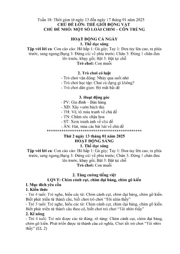Kế hoạch bài dạy Mầm non Lớp 4 tuổi - Tuần 18, Chủ đề: Thế giới động vật - Chủ đề nhỏ: Một số loài chim - Côn trùng (Trường Chính)