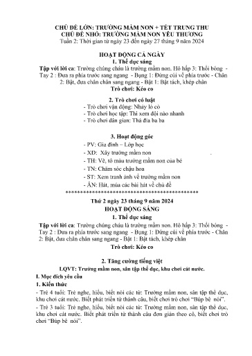 Kế hoạch bài dạy Mầm non Lớp 4 tuổi - Tuần 2, Chủ đề: Trường mầm non + Tết Trung thu - Chủ đề nhỏ: Trường mầm non yêu thương (Trường Chính)