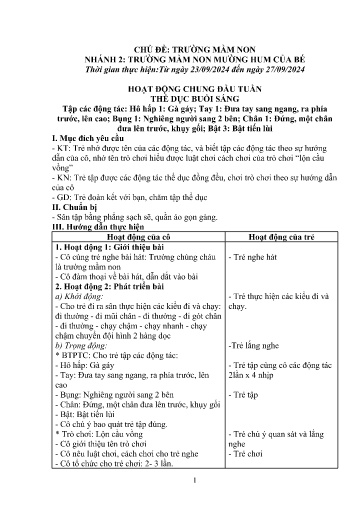 Kế hoạch bài dạy Mầm non Lớp 4 tuổi - Tuần 2, Chủ đề: Trường mầm non - Chủ đề nhánh 2: Trường mầm non Mường Hum của bé (Trường Chính)