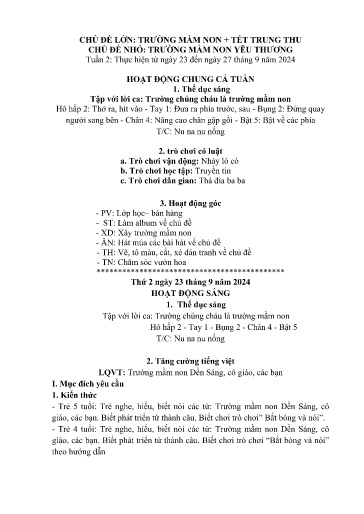 Kế hoạch bài dạy Mầm non Lớp 4 tuổi - Tuần 2, Chủ đề: Trường mầm non + Tết Trung thu - Chủ đề nhỏ: Trường mầm non yêu thương (Ngải Trồ)