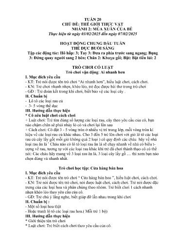 Kế hoạch bài dạy Mầm non Lớp 4 tuổi - Tuần 20, Chủ đề: Thế giới thực vật - Chủ đề nhánh 2: Mùa xuân của bé (Trường Chính)