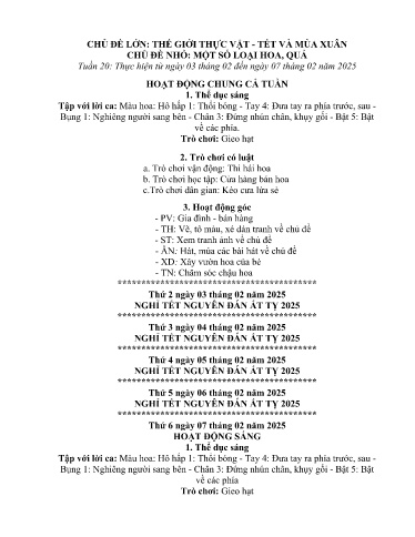 Kế hoạch bài dạy Mầm non Lớp 4 tuổi - Tuần 20, Chủ đề: Thế giới thực vật + Tết và mùa xuân - Chủ đề nhỏ: Một số loại hoa, quả (Ngải Trồ)