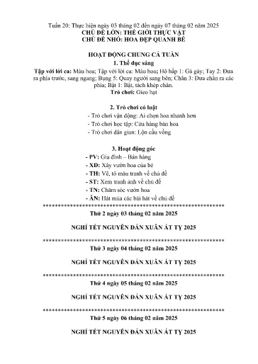 Kế hoạch bài dạy Mầm non Lớp 4 tuổi - Tuần 20, Chủ đề: Thế giới thực vật - Chủ đề nhỏ: Hoa đẹp quanh bé (Trường Chính)