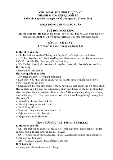 Kế hoạch bài dạy Mầm non Lớp 4 tuổi - Tuần 21, Chủ đề: Thế giới thực vật - Chủ đề nhánh 3: Hoa đẹp quanh bé (Trường Chính)