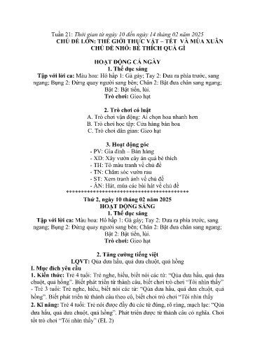 Kế hoạch bài dạy Mầm non Lớp 4 tuổi - Tuần 21, Chủ đề: Thế giới thực vật & Tết và mùa xuân - Chủ đề nhỏ: Bé thích quả gì (Trường Chính)