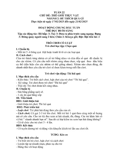 Kế hoạch bài dạy Mầm non Lớp 4 tuổi - Tuần 22, Chủ đề: Thế giới thực vật - Chủ đề nhánh 2: Bé thích quả gì (Trường Chính)