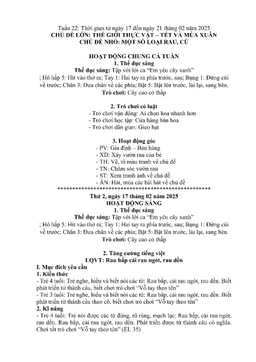 Kế hoạch bài dạy Mầm non Lớp 4 tuổi - Tuần 22, Chủ đề: Thế giới thực vật & Tết và mùa xuân - Chủ đề nhỏ: Một số loại rau, củ (Trường Chính)