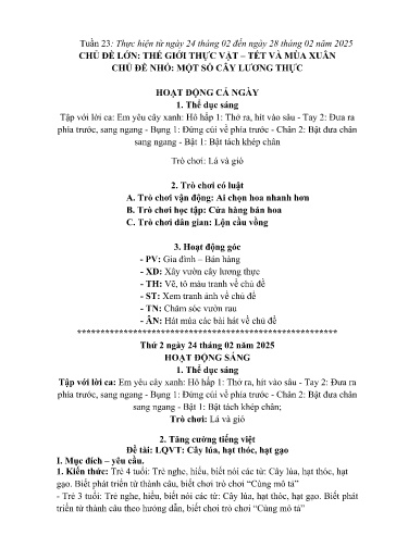 Kế hoạch bài dạy Mầm non Lớp 4 tuổi - Tuần 23, Chủ đề: Thế giới thực vật & Tết và mùa xuân - Chủ đề nhỏ: Một số cây lương thực (Trường Chính)