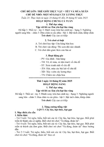 Kế hoạch bài dạy Mầm non Lớp 4 tuổi - Tuần 23, Chủ đề: Thế giới thực vật + Tết và mùa xuân - Chủ đề nhỏ: Một số loại cây lương thực (Ngải Trồ)