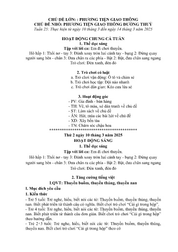 Kế hoạch bài dạy Mầm non Lớp 4 tuổi - Tuần 25, Chủ đề: Phương tiện giao thông - Chủ đề nhỏ: PTGT đường thủy (Ngải Trồ)