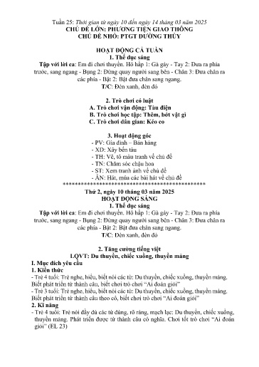 Kế hoạch bài dạy Mầm non Lớp 4 tuổi - Tuần 25, Chủ đề: Phương tiện giao thông - Chủ đề nhỏ: PTGT đường thủy (Trường Chính)