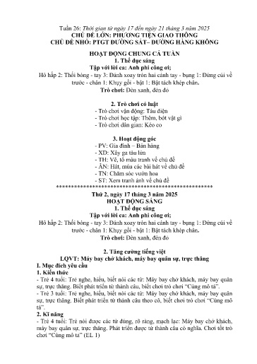 Kế hoạch bài dạy Mầm non Lớp 4 tuổi - Tuần 26, Chủ đề: Phương tiện giao thông - Chủ đề nhỏ: PTGT đường sắt - đường hàng không (Trường Chính)
