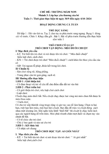 Kế hoạch bài dạy Mầm non Lớp 4 tuổi - Tuần 3, Chủ đề: Trường mầm non - Chủ đề nhánh 3: Lớp học yêu thương của bé (Trường Chính)