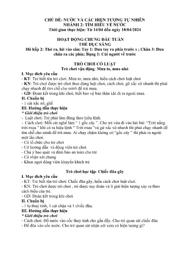 Kế hoạch bài dạy Mầm non Lớp 4 tuổi - Tuần 30, Chủ đề: Nước và các hiện tượng tự nhiên - Chủ đề nhánh 2: Tìm hiểu về nước (Trường Chính)