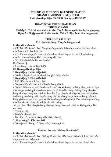 Kế hoạch bài dạy Mầm non Lớp 4 tuổi - Tuần 32, Chủ đề: Quê hương, Đất nước, Bác Hồ - Chủ đề nhánh 1: Mường Hum quê em (Trường Chính)