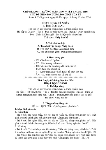 Kế hoạch bài dạy Mầm non Lớp 4 tuổi - Tuần 4, Chủ đề: Trường mầm non + Tết Trung thu - Chủ đề nhỏ: Đồ dùng, đồ chơi của bé (Trường Chính)