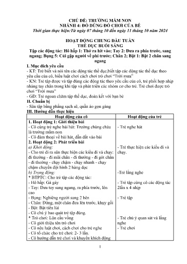 Kế hoạch bài dạy Mầm non Lớp 4 tuổi - Tuần 4, Chủ đề: Trường mầm non - Chủ đề nhánh 4: Đồ dùng đồ chơi của bé (Trường Chính)