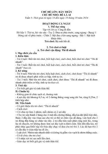 Kế hoạch bài dạy Mầm non Lớp 4 tuổi - Tuần 5, Chủ đề: Bản thân - Chủ đề nhỏ: Bé là ai (Trường Chính)