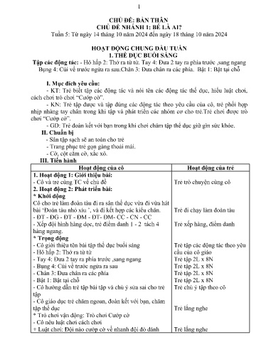 Kế hoạch bài dạy Mầm non Lớp 4 tuổi - Tuần 5, Chủ đề: Bản thân - Chủ đề nhánh 1: Bé là ai? (Trường Chính)