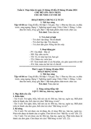 Kế hoạch bài dạy Mầm non Lớp 4 tuổi - Tuần 6, Chủ đề: Bản thân - Chủ đề nhỏ: Cơ thể bé (Trường Chính)