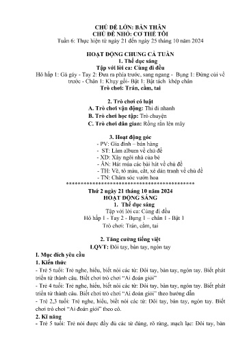 Kế hoạch bài dạy Mầm non Lớp 4 tuổi - Tuần 6, Chủ đề: Bản thân - Chủ đề nhỏ: Cơ thể tôi (Ngải Trồ)