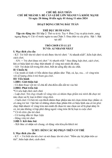 Kế hoạch bài dạy Mầm non Lớp 4 tuổi - Tuần 7, Chủ đề: Bản thân - Chủ đề nhánh 3: Bé cần gì để lớn nhanh và khỏe mạnh (Trường Chính)
