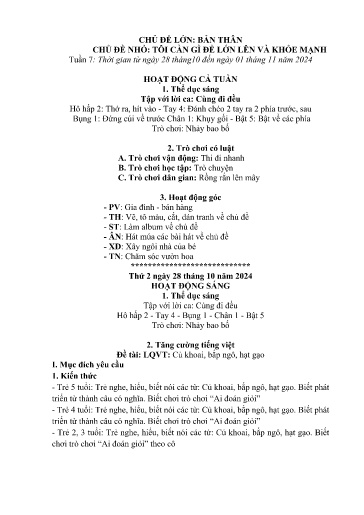 Kế hoạch bài dạy Mầm non Lớp 4 tuổi - Tuần 7, Chủ đề: Bản thân - Chủ đề nhỏ: Tôi cần gì để lớn lên và khỏe mạnh (Ngải Trồ)