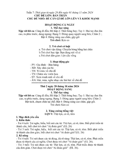 Kế hoạch bài dạy Mầm non Lớp 4 tuổi - Tuần 7, Chủ đề: Bản thân - Chủ đề nhỏ: Bé cần gì để lớn lên và khỏe mạnh (Trường Chính)