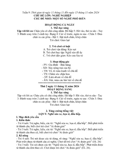 Kế hoạch bài dạy Mầm non Lớp 4 tuổi - Tuần 9, Chủ đề: Nghề nghiệp - Chủ đề nhỏ: Một số nghề phổ biến (Trường Chính)