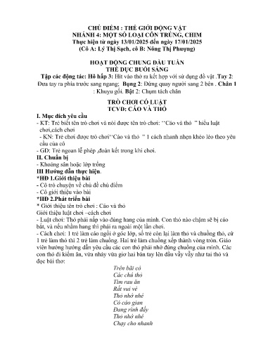 Kế hoạch bài dạy Mầm non Lớp 5 tuổi - Chủ đề: Thế giới động vật - Chủ đề nhánh 4: Một số loại côn trùng, chim (Trường Chính)