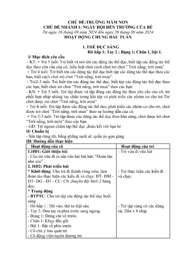 Kế hoạch bài dạy Mầm non Lớp 5 tuổi - Tuần 1, Chủ đề: Trường mầm non - Chủ đề nhánh 1: Ngày hội đến trường của bé (Séo Pờ Hồ)