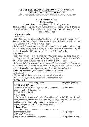 Kế hoạch bài dạy Mầm non Lớp 5 tuổi - Tuần 1, Chủ đề: Trường mầm non + Tết Trung thu - Chủ đề nhỏ: Vui Tết Trung thu (Trường Chính)