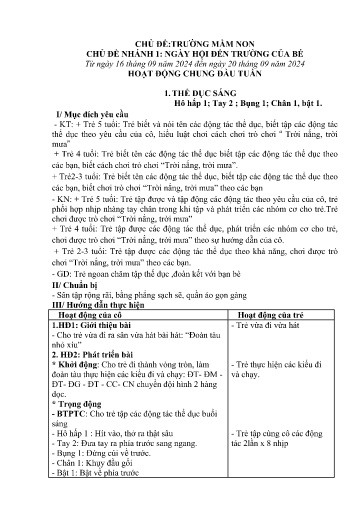 Kế hoạch bài dạy Mầm non Lớp 5 tuổi - Tuần 1, Chủ đề: Trường mầm non - Chủ đề nhánh 1: Ngày hội đến trường của bé (Piềng Láo)