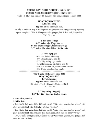 Kế hoạch bài dạy Mầm non Lớp 5 tuổi - Tuần 10, Chủ đề: Nghề nghiệp - Ngày 20/11 - Chủ đề nhỏ: Nghề dạy học - Ngày 20/11 (Dền Sáng)