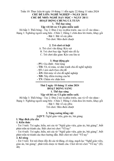 Kế hoạch bài dạy Mầm non Lớp 5 tuổi - Tuần 10, Chủ đề: Nghề nghiệp + Ngày 20/11 - Chủ đề nhỏ: Nghề dạy học + Ngày 20/11 (Trường Chính)