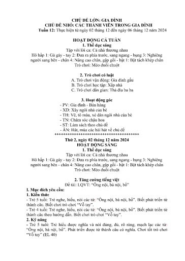 Kế hoạch bài dạy Mầm non Lớp 5 tuổi - Tuần 12, Chủ đề: Gia đình - Chủ đề nhỏ: Các thành viên trong gia đình (Trường Chính)