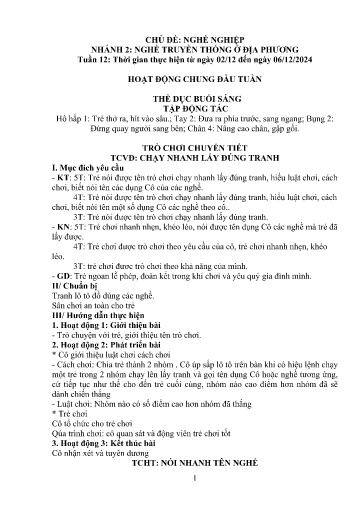 Kế hoạch bài dạy Mầm non Lớp 5 tuổi - Tuần 12, Chủ đề: Nghề nghiệp - Chủ đề nhánh 2: Nghề truyền thống ở địa phương (Piềng Láo)