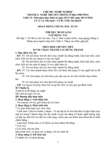 Kế hoạch bài dạy Mầm non Lớp 5 tuổi - Tuần 12, Chủ đề: Nghề nghiệp - Chủ đề nhánh 2: Nghề truyền thống ở địa phương (Séo Pờ Hồ)