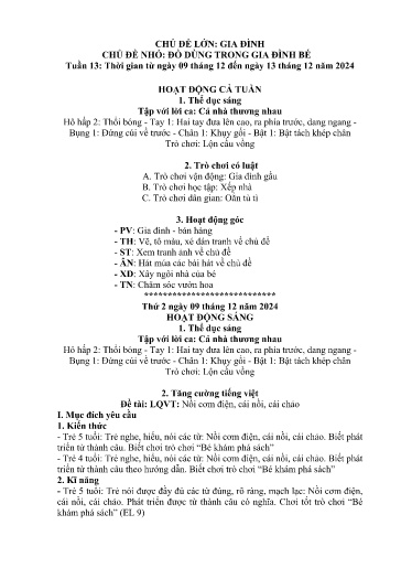 Kế hoạch bài dạy Mầm non Lớp 5 tuổi - Tuần 13, Chủ đề: Gia đình - Chủ đề nhỏ: Đồ dùng trong gia đình bé (Trường Chính)