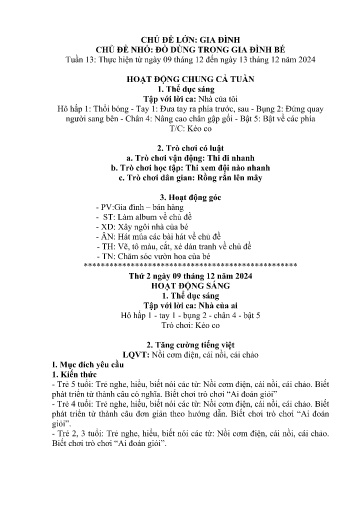 Kế hoạch bài dạy Mầm non Lớp 5 tuổi - Tuần 13, Chủ đề: Gia đình - Chủ đề nhỏ: Đồ dùng trong gia đình bé (Dền Sáng)