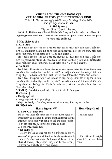 Kế hoạch bài dạy Mầm non Lớp 5 tuổi - Tuần 14, Chủ đề: Thế giới động vật - Chủ đề nhỏ: Bé với vật nuôi trong gia đình (Trường Chính)