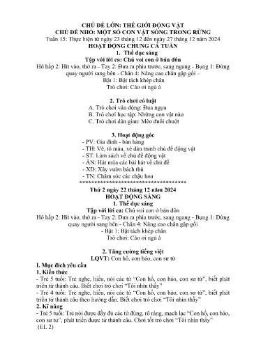 Kế hoạch bài dạy Mầm non Lớp 5 tuổi - Tuần 15, Chủ đề: Thế giới động vật - Chủ đề nhỏ: Một số con vật sống trong rừng (Trường Chính)