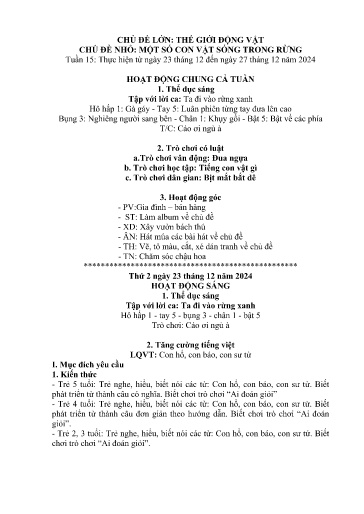 Kế hoạch bài dạy Mầm non Lớp 5 tuổi - Tuần 15, Chủ đề: Thế giới động vật - Chủ đề nhỏ: Một số con vật sống trong rừng (Dền Sáng)