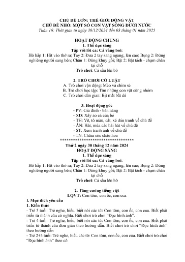 Kế hoạch bài dạy Mầm non Lớp 5 tuổi - Tuần 16, Chủ đề: Thế giới động vật - Chủ đề nhỏ: Một số con vật sống dưới nước (Trung Chải)